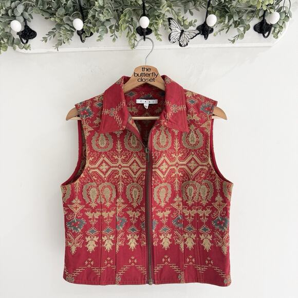 Vintage CAbi Red/gold Boho Print Tapestry Full Zip Vest Medium DD1979 - Picture 1 of 3